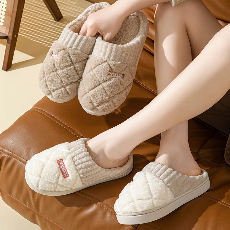 Cotton slippers women's autumn and winter color matching outdoor home couple warm plush thickened fluffy confinement shoes men