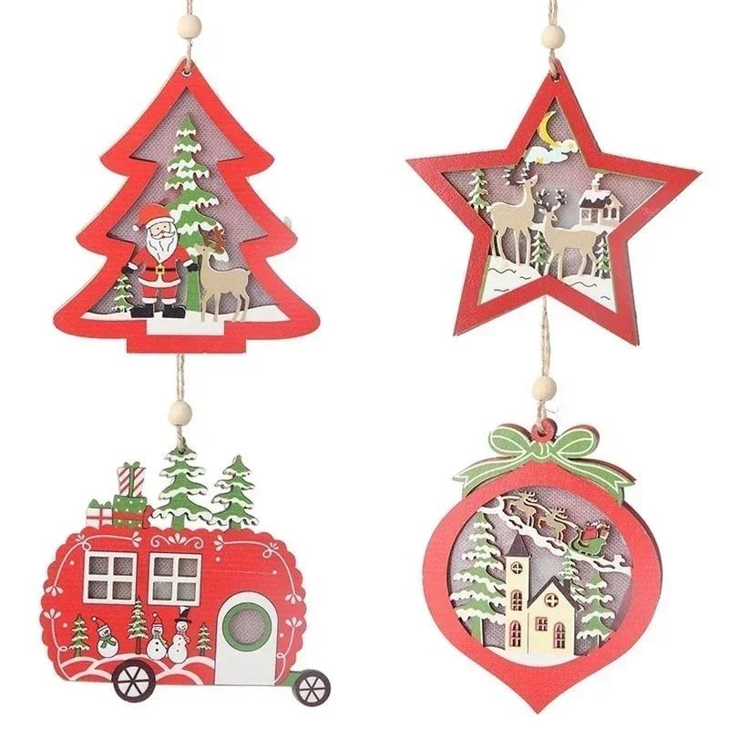 Christmas LED Light Tree Star Car Wooden Pendants Ornaments Xmas DIY Wood Crafts Kids Gift Festival Party Supplies