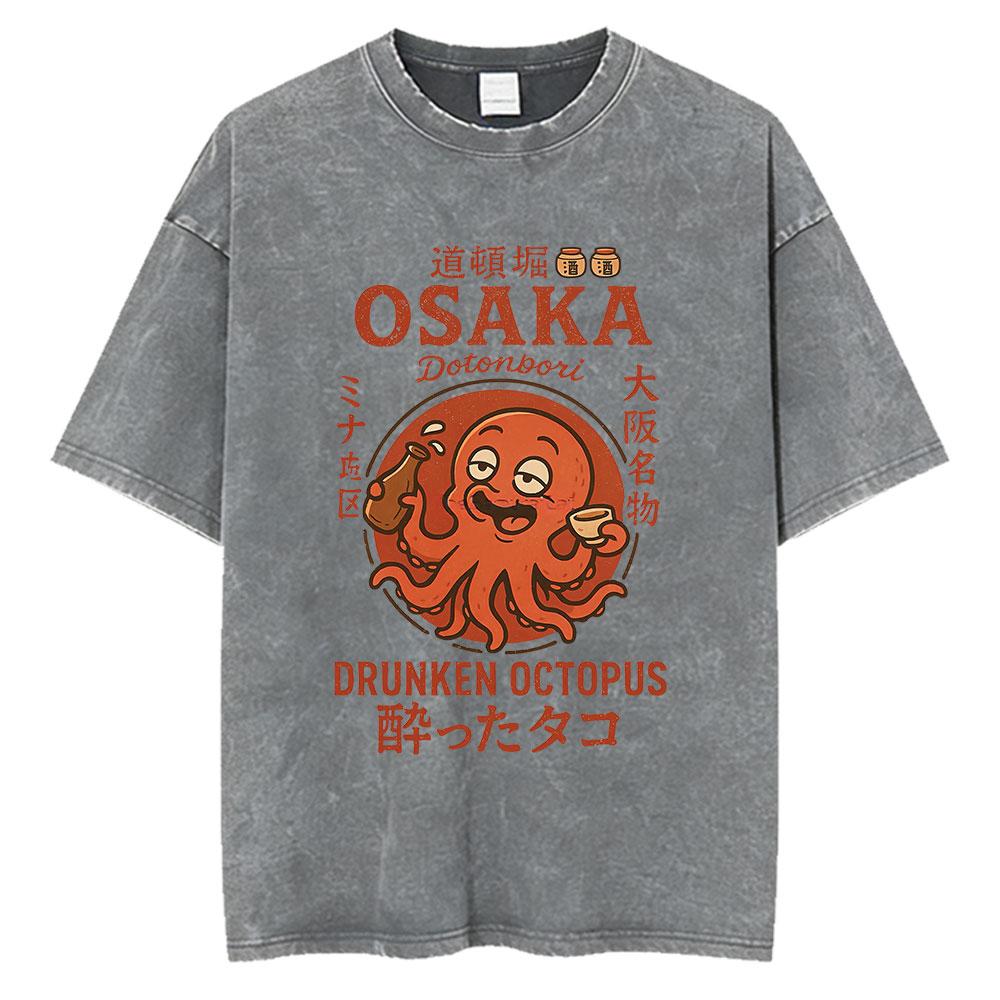 Vintage Washed Osaka Dotonbori Drunken Octopus Takoyaki Funny T Shirts Men Women Retro Japanese Style Oversized Cotton TShirts