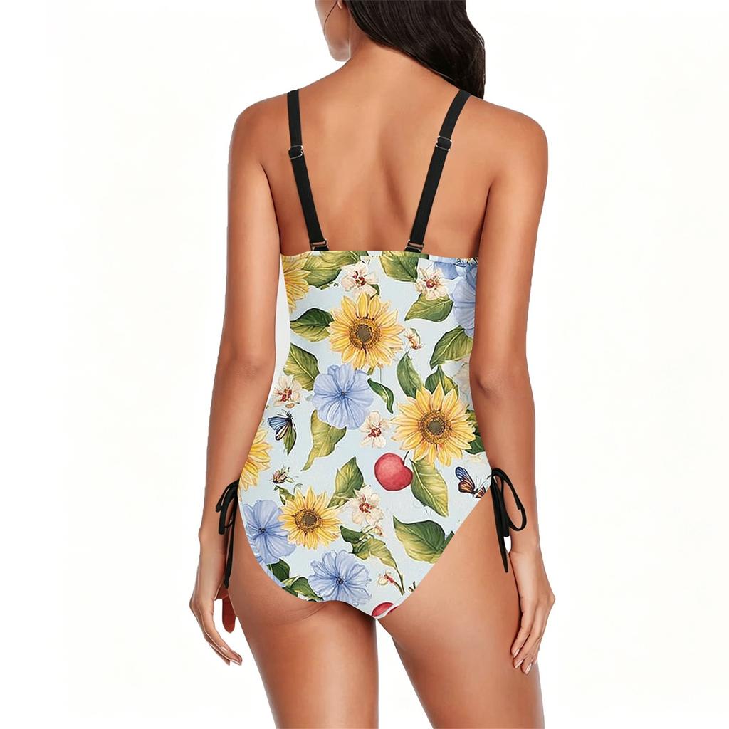 Swimsuit for Women Floral Print Scoop Neck Adjustable Side Tie Bathing Suit Soft Stretch Fabric Comfortable Fit