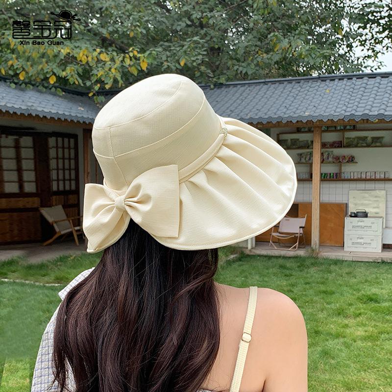 Summer Fashion Bow Sun Hat Children Show Small Face Big Brim Sun Protection Hat Outdoor Travel Versatile Bucket Hat