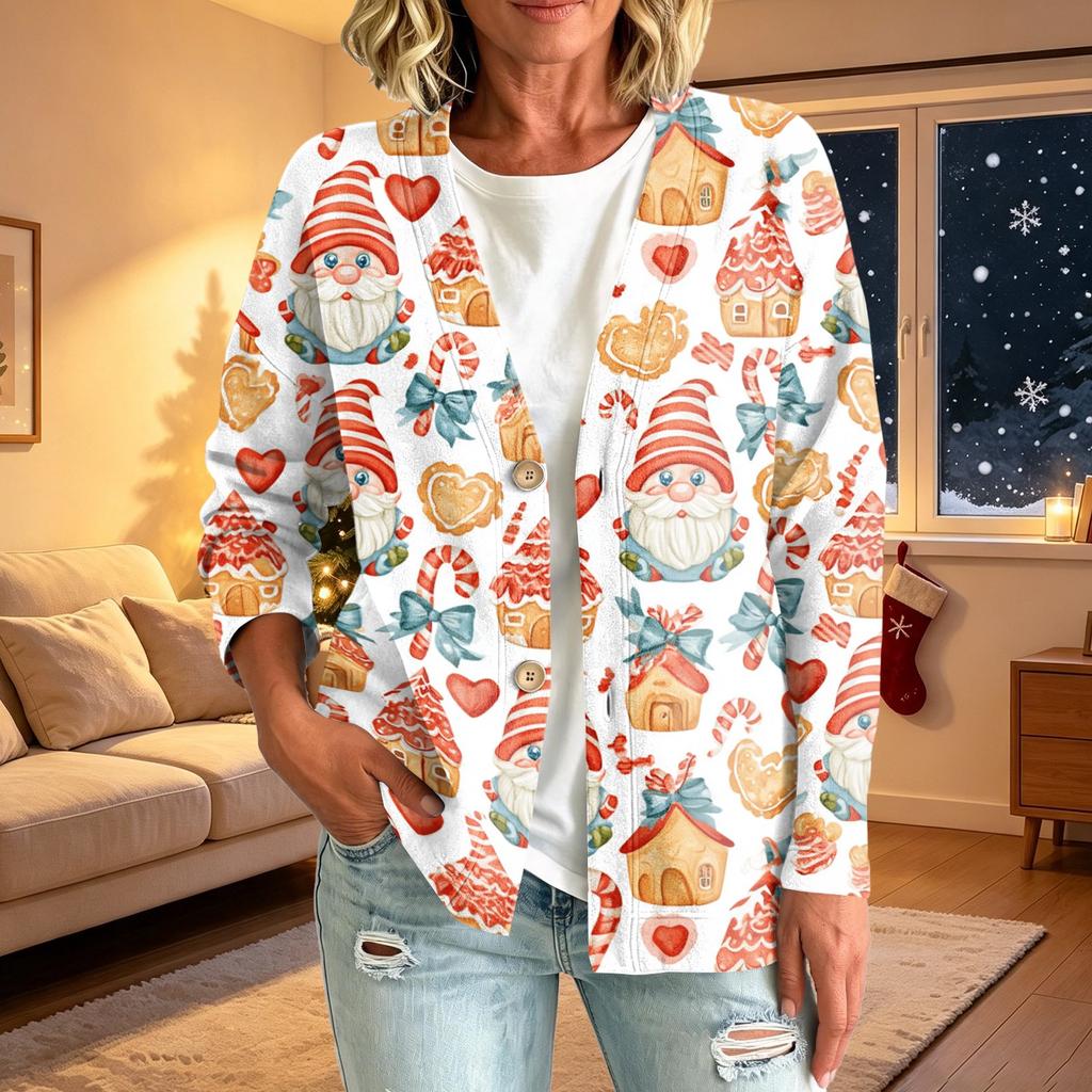 Women's Casual Christmas Print Button Jacket, Outerwear for Holiday Parties and Daily Wear