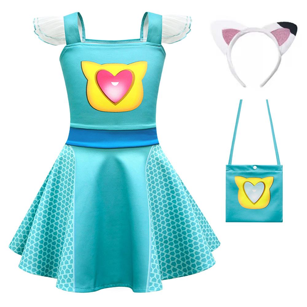 SuperKitties Girls Cosplay Dress with Bag Cat Ear Headband Kids Costume Summer Flying Sleeves Cause Outfits Birthday Gift 110cm