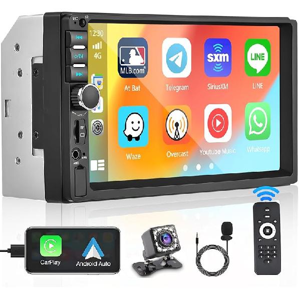 Double Din Car Stereo with Apple CarPlay and Android Auto, 7 Inch HD Touchscreen Car Radio, Bluetooth Car Audio Receivers, Backup Camera, Mirror Wired Carplay