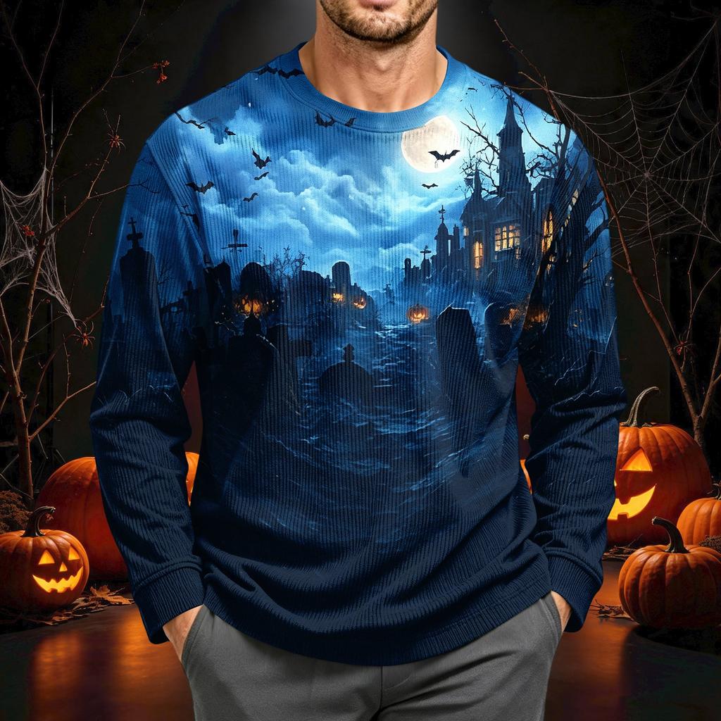 Men's Corduroy Long Sleeve Neck Shirt Halloween Print Casual Pullover Top