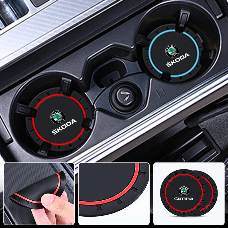 KJGK5 2Pcs Car Silicone Coaster Anti-Slip Water Cup Drink Mat For Skoda Octavia Kodiaq Fabia Superb Rapid Karoq Kamiq Roomster Citigo