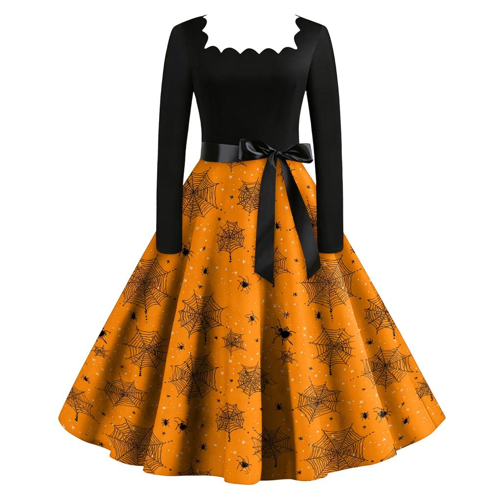 Damska Sukienka Vintage z Długim Rękawem i Kwadratowym Dekoltem z Nadrukiem Szkieletu na Halloween Sukienka Imprezowa w Stylu Retro z Pełną Spódnicą i Paskiem Wiązanym w Pasie