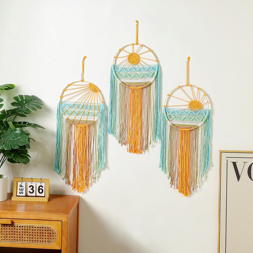 Hand-woven Cotton Rope Sunrise Sunset Tapestry Bohemian Colorful Sunrise Sunset Wall Art with Tassel Decorative Dream catcher