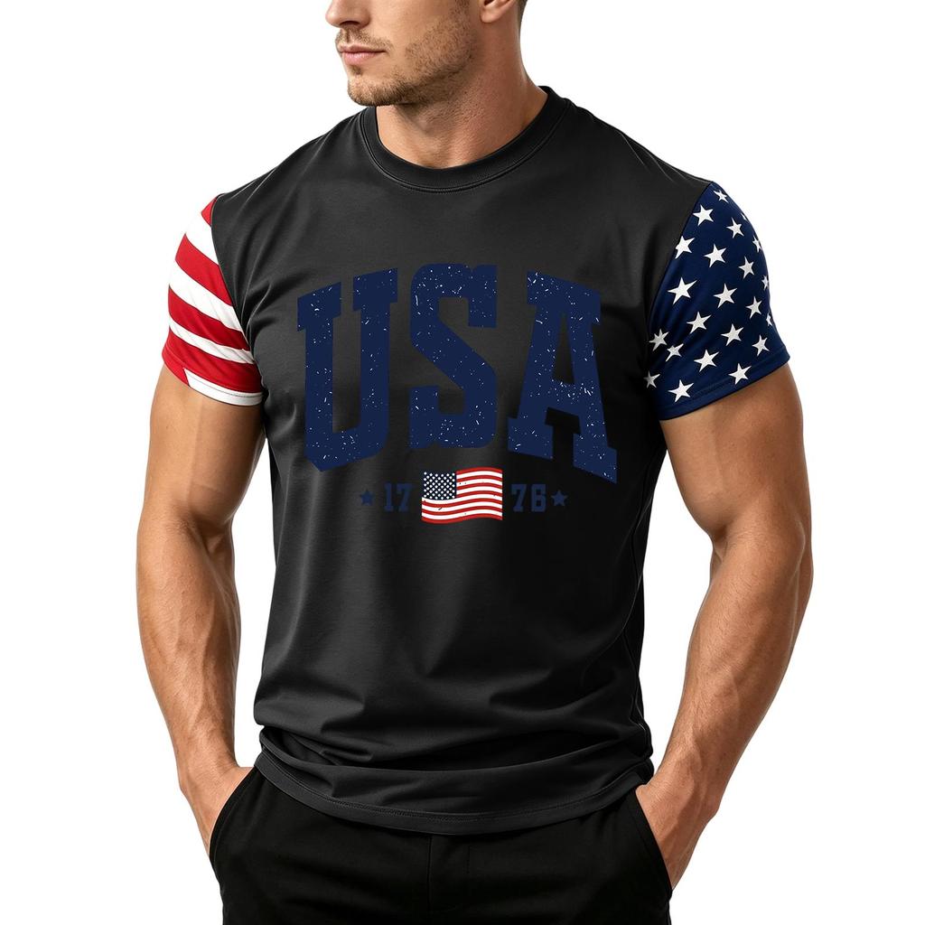Men's Independence Day Flag Print Short Sleeve T-Shirt, Loose Casual Daily Summer Tops