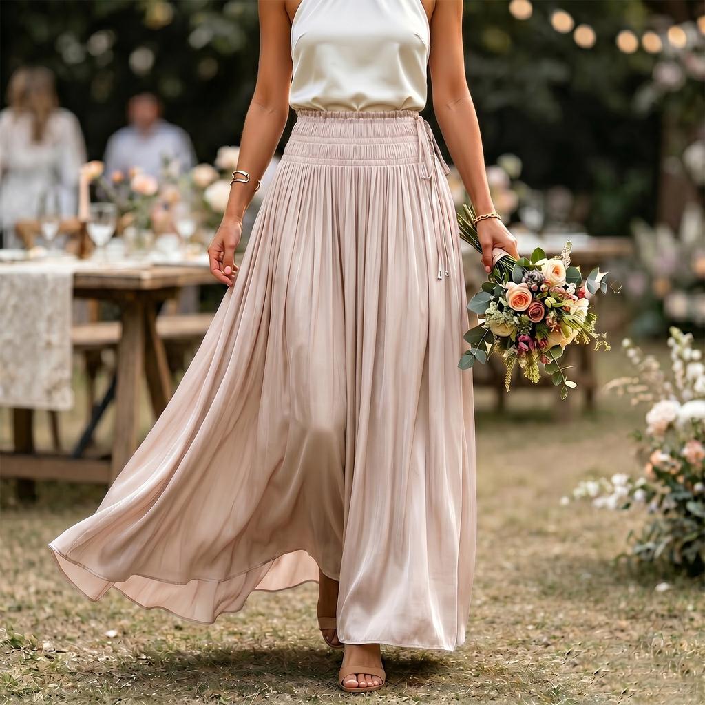 Women’s High Waist Elastic Waistband A-Line Maxi Skirt Flared Hem Loose Fit Lightweight Flowing Fabric Long Skirt for Daily Wear