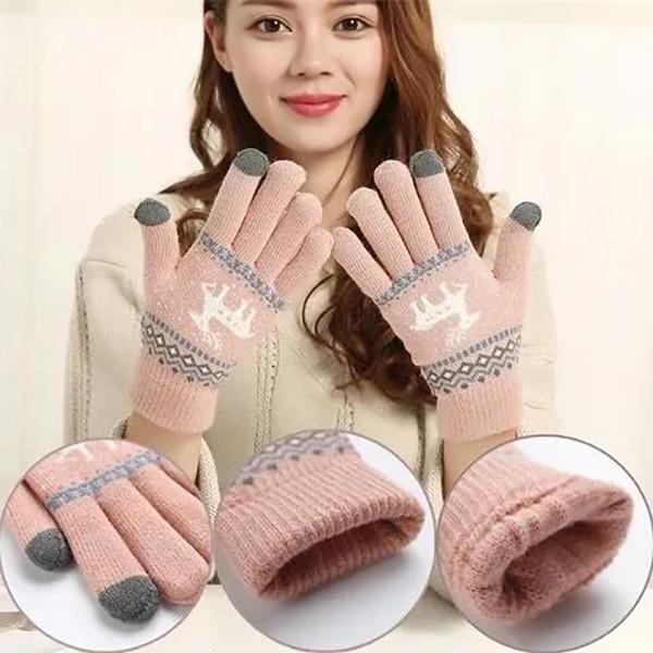 Thickened Plus Velvet Touch Screen Gloves Female Winter Korean Version Knitted Printing Gloves Split Finger Wool Gloves