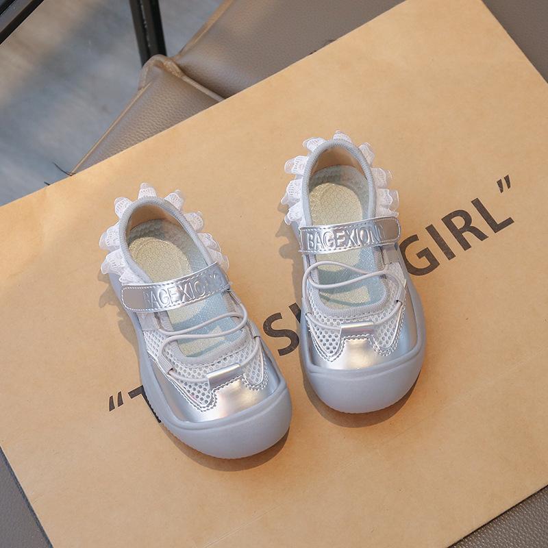 

Girls Lace Collar Breathable Mesh Hook Loop Casual Non Slip Mary Jane Shoes 26 серебряный