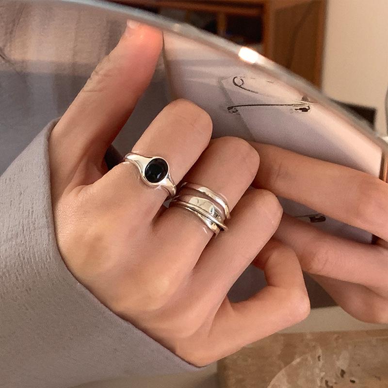 Women's Retro Black Zircon Geometric Oval Adjustable Ring