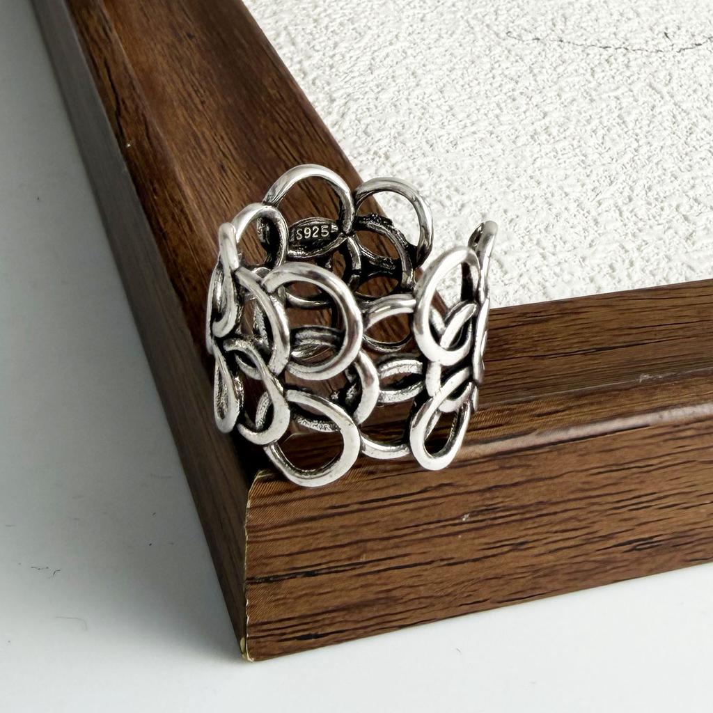 925 Silver Rings For Women Geometric Fine Jewelry Finger Adjustable Wide Hollow Stone Ring For Party Birthday Gift