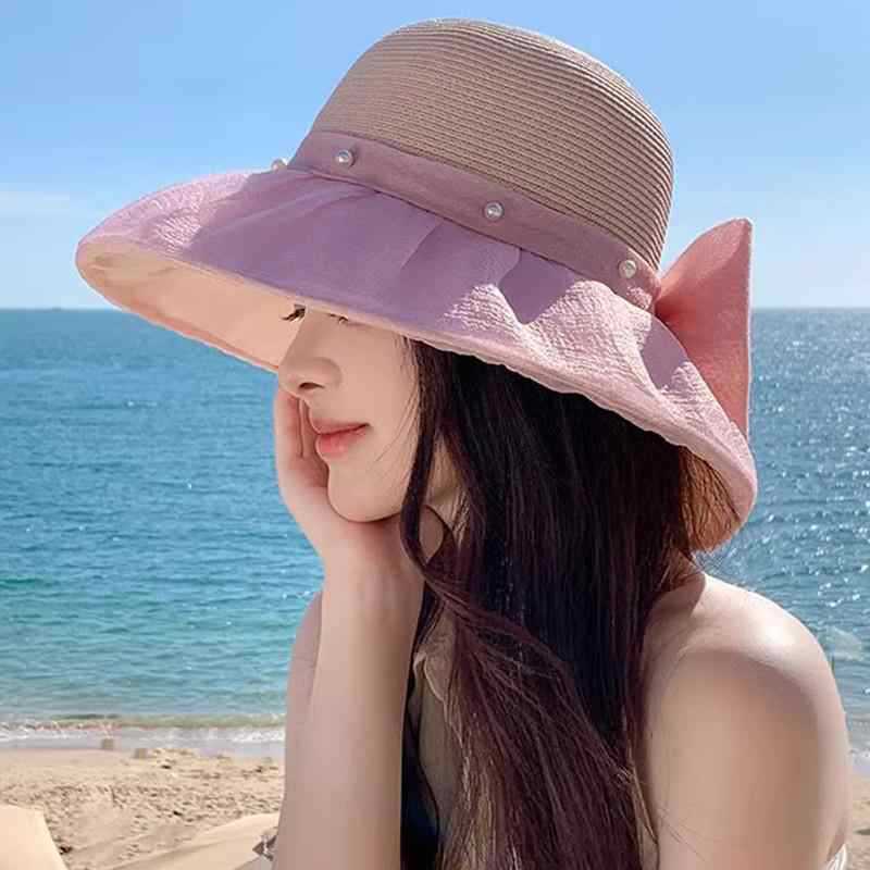 

Hat Women s Sunscreen Sun Hat Summer Seaside Travel Beach Sun Hat Mesh Bow One Size