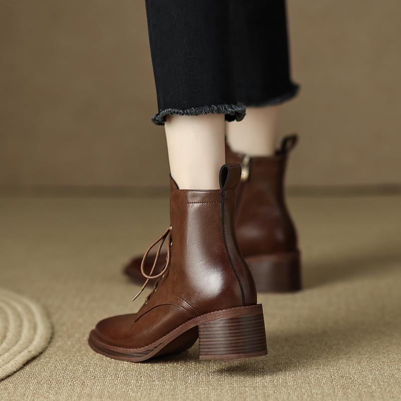 Dámské kotníkové boty Štípaná hovězí kůže Vysoké podpatky Zip Šněrování Černá Hnědá Gotické Elegantní Dámské kotníkové boty Vysoká kvalita Ručně vyráběné boty