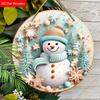 Blue Striped Snowman Snowflake Round Wooden Hanging Sign, 2D Flat Printed Christmas Wall Door Ornament, Winter Xmas Home Decor Gift