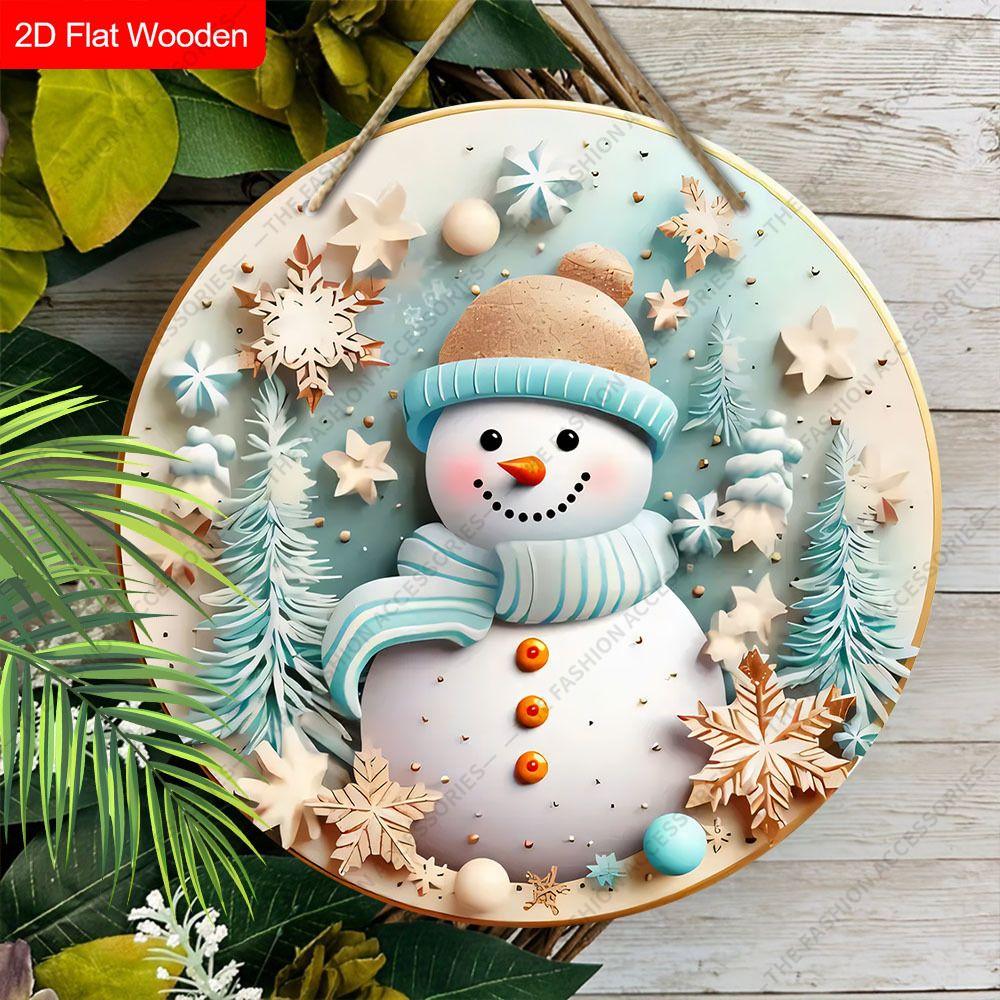 Blue Striped Snowman Snowflake Round Wooden Hanging Sign, 2D Flat Printed Christmas Wall Door Ornament, Winter Xmas Home Decor Gift
