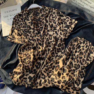 Wind Girl Sweet Pure Leopard Print Short-Sleeved Ice Silk Pajamas Women'S Summer Loungewear
