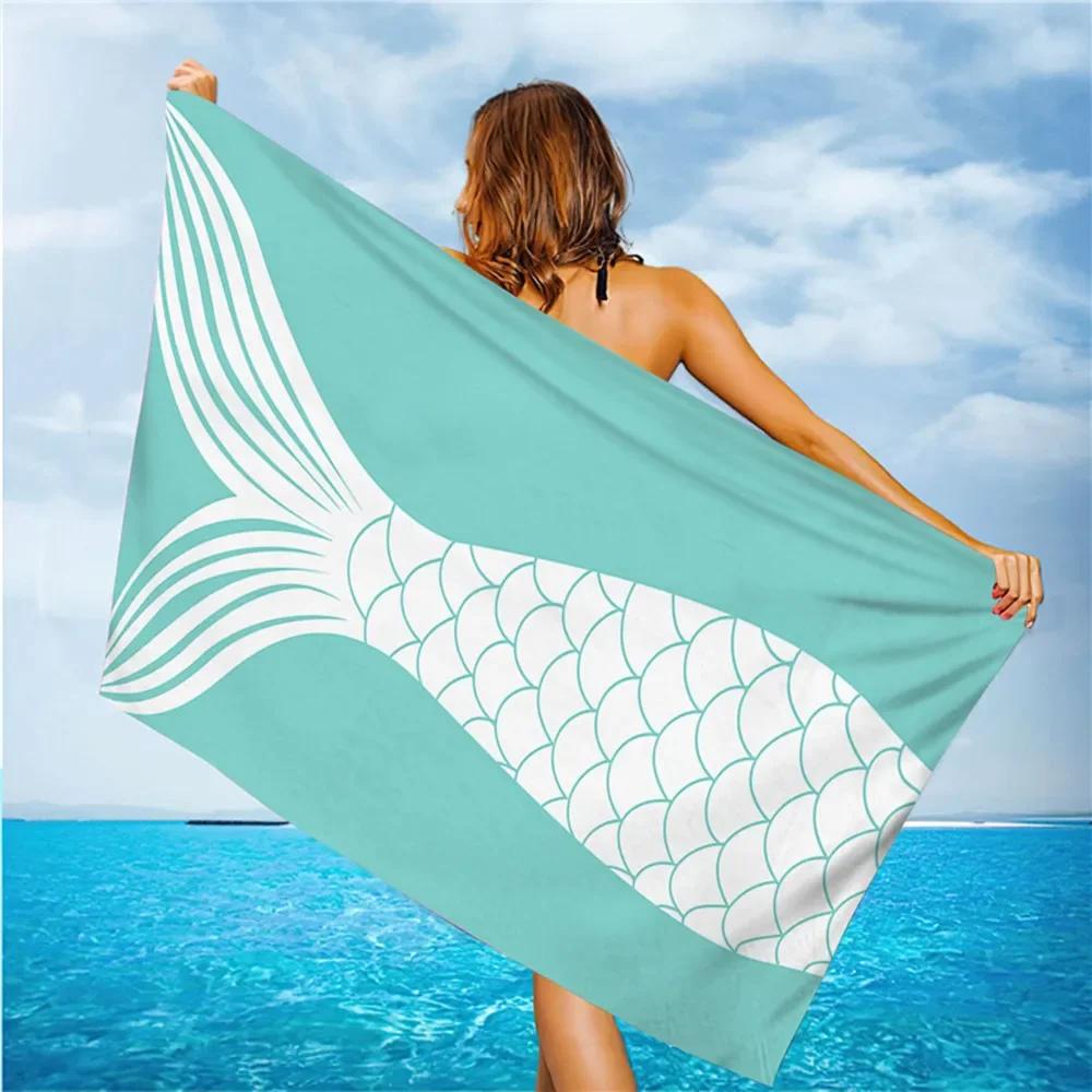 Outdoor Water Sports Beach Towel Mermaid Tail Fish Print Quick Drying Swimming Surf Towels Portable Travel Picnic Mat Women Gift