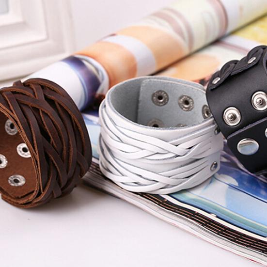 Women Men Punk Style Cool Leather Bangle Knitting Wide Cuff Handmade Bracelet