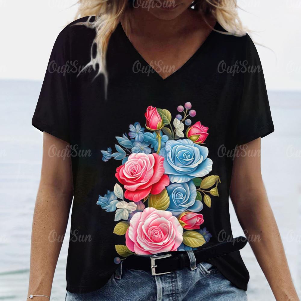 2024 Women T Shirt Summer Floral T-Shirt Plus Size Women's Clothing Oversized Designer Short Sleeve Shirt Women V Neck Blouse