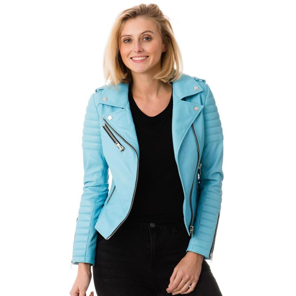SKINOUTFIT Women's Lambskin Leather Jacket Biker Motorcycle Turquoise Blue Quilted Outwear