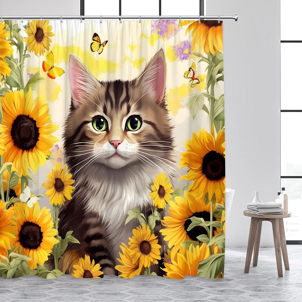Hummingbird Shower Curtain Spring Flower Watercolor Farm Plant Green Leaf Butterfly Cute Cat Polyester Fabric Bathroom Decor Set