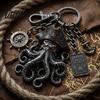 Tentacle Design Keychain Pendant with Compass Lobster Clasp Pirate Style Metal Aged Mysterious Oxidation Texture Red Eye Octopus Shape Key Ring