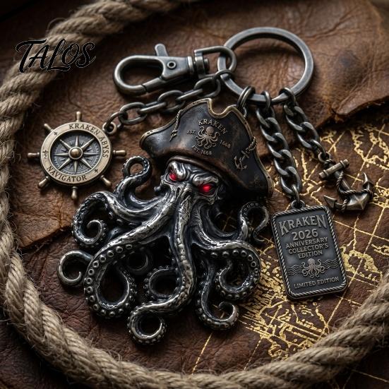 Tentacle Design Keychain Pendant with Compass Lobster Clasp Pirate Style Metal Aged Mysterious Oxidation Texture Red Eye Octopus Shape Key Ring