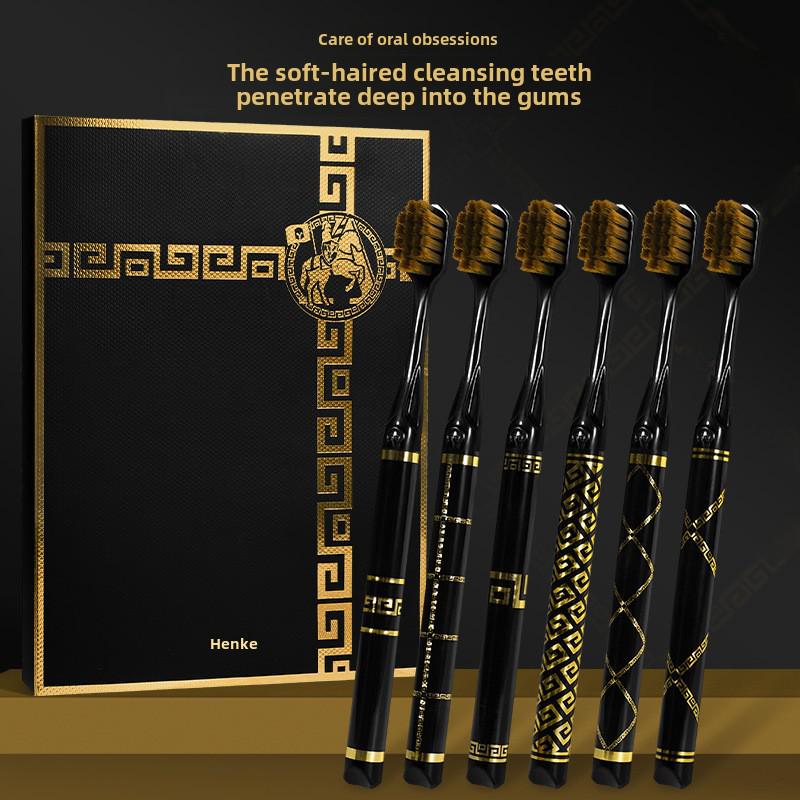 [6-Piece Gift Box] Premium Adult Toothbrush with Ultra-Fine Medium Bristles, Wide Head, and Elegant Gold-Stamped Handle
