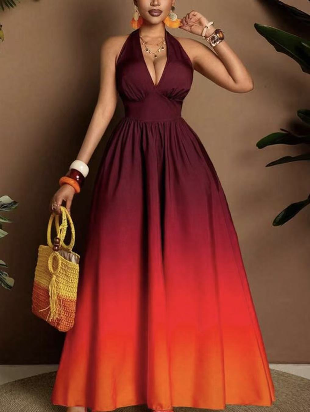 2026 summer new product fashionable and sexy neck halter girdle printed big pendulum dress S