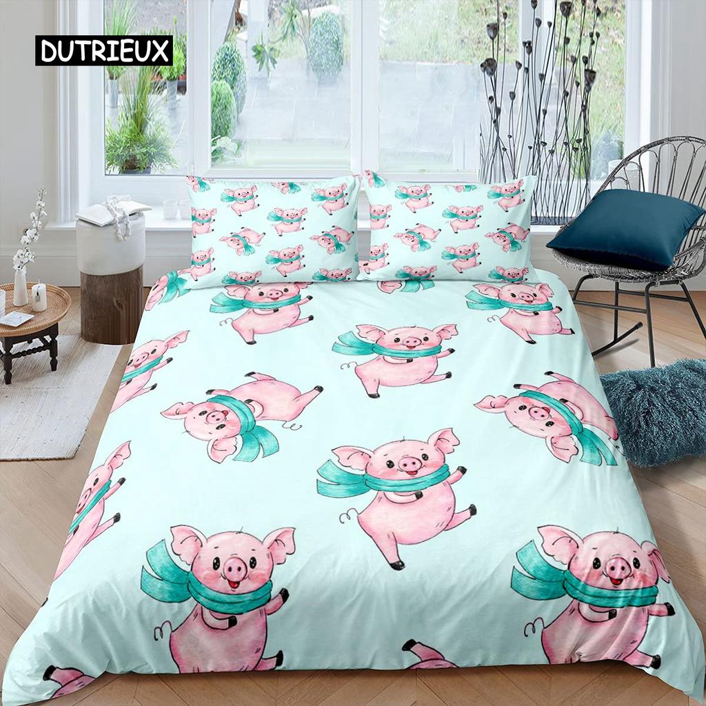Pig Duvet Cover Set Cute Pig Bedding Set King Size Zoo Quilt Cover Happy Farm Animal Comforter Cover with Zipper Closure for Kid