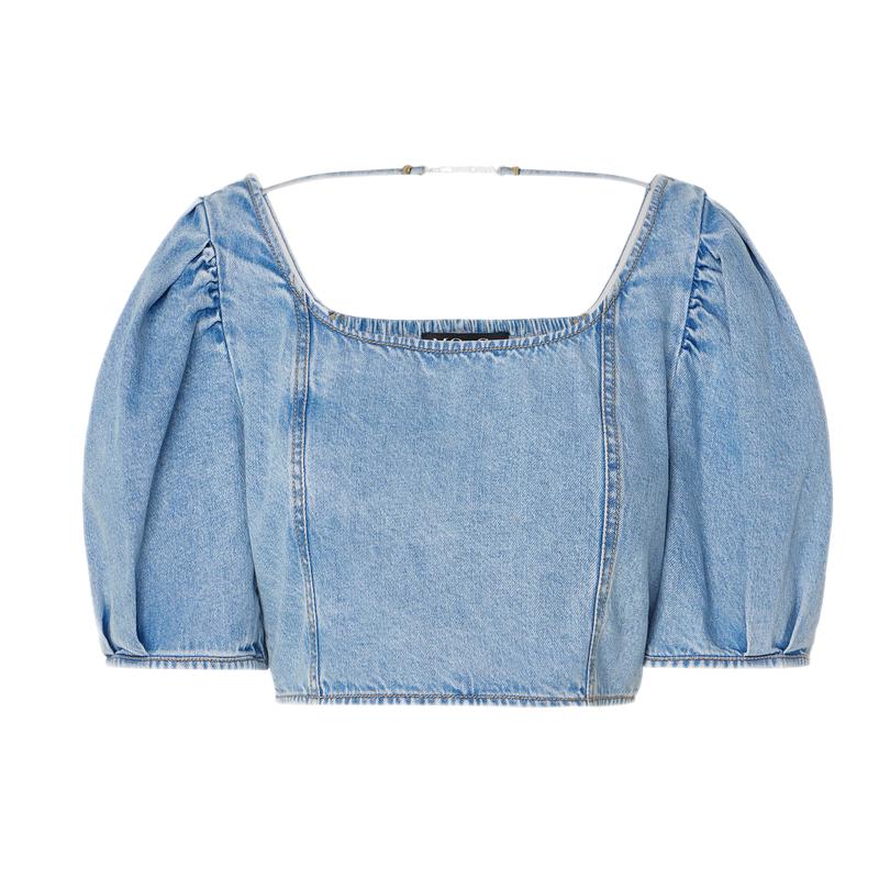 МО&Ко. Укороченный джинсовый топ с пышными рукавами S (160)