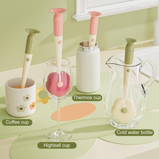 Cleaning Brush with Suction Cup Base Removable Flower Sponge Head Three-in-One Functions Multi-functional Cleaning Brush