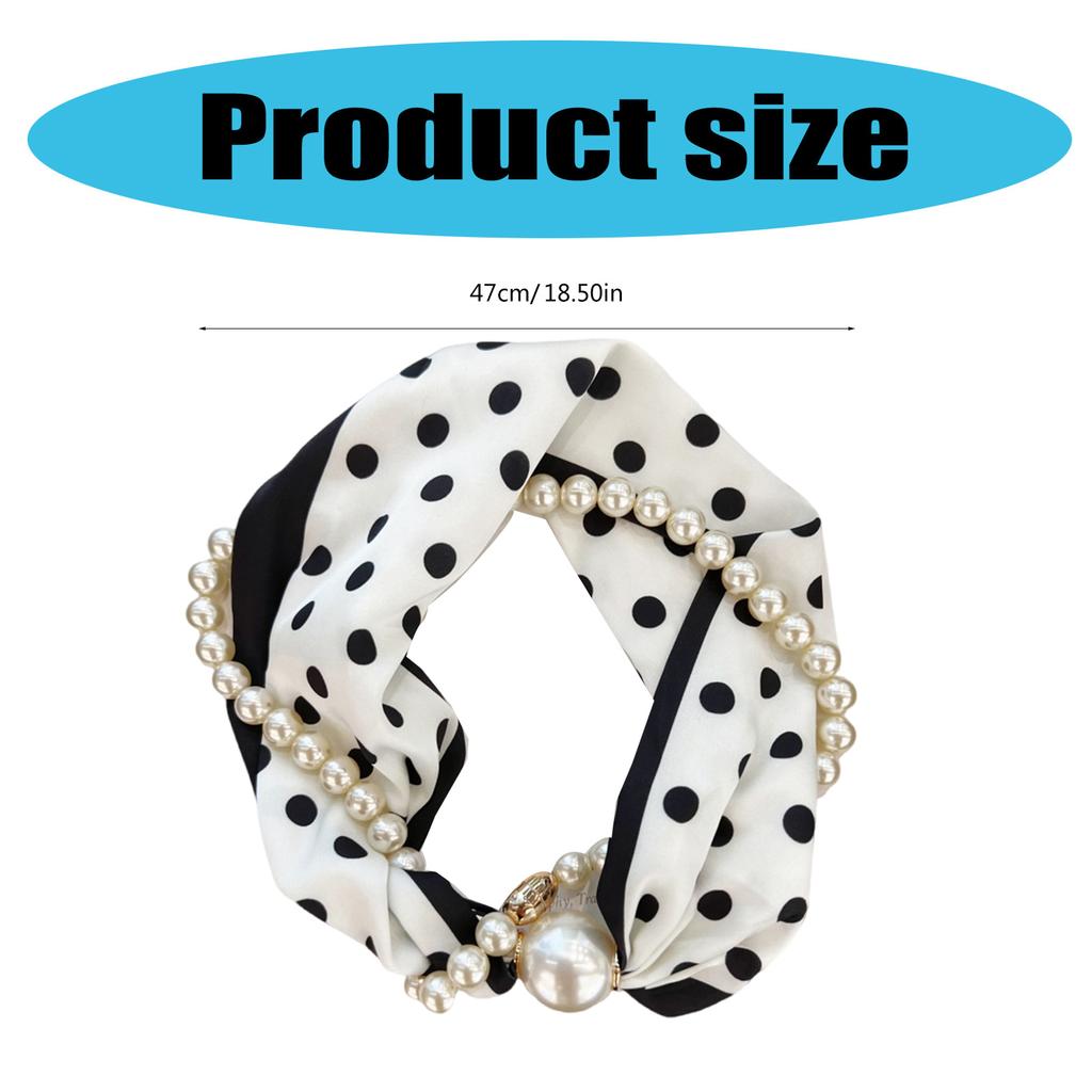 Magnetic Clasp Pearls Chain Necklace Floral Satins Scarf Elegant Silk Skinny Narrow Neckerchief for Fashionable Women