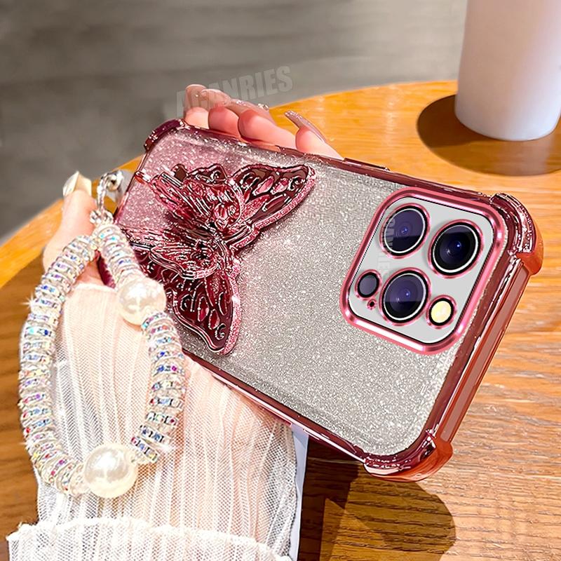 Lanyard Plating Butterfly Holder Silicone Case For Iphone 16 11 12 13 17 14 15 Pro Max 7 8 Plus Mini Shockproof Stand Back Cover