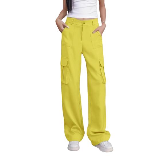 Women Cargo Pants High Waist Button Zipper Fly Casual Trousers Solid Color Loose Fit Multi-Pocket Design Long Pants