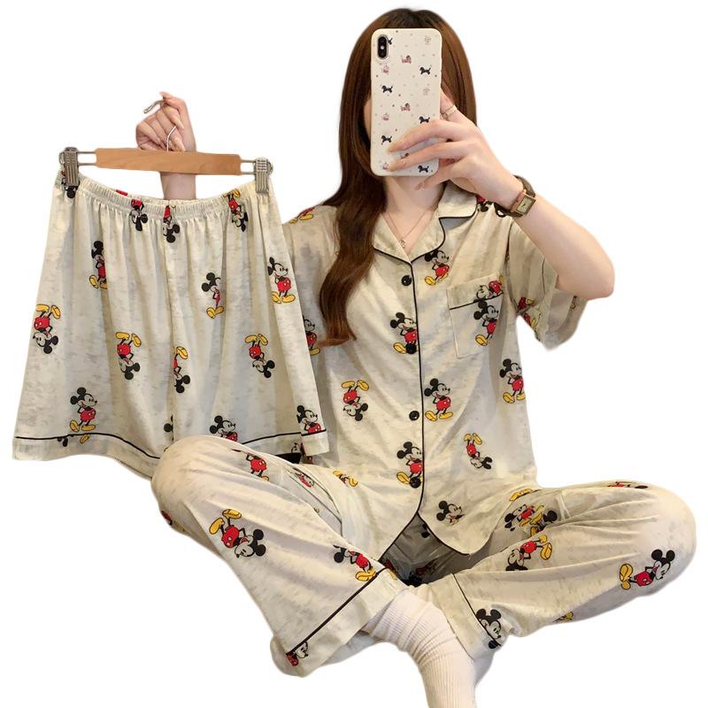 Three-Piece Pajamas Women'S Summer Short-Sleeved Shorts Cartoon Mickey Smudged Loungewear Can Be Worn Outside