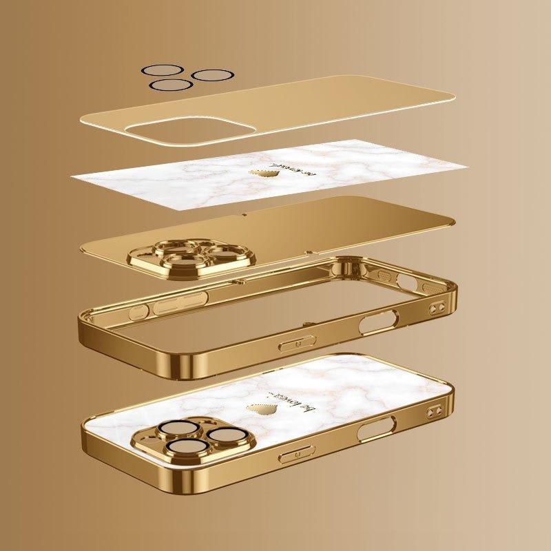 Mermer Altın Kalp Desenli Altın Metalik Boyalı Cam Telefon Kılıfı iPhone 17 Pro Max 11 12 13 14 15 16 Plus 17 Air 16E İçin Kapak
