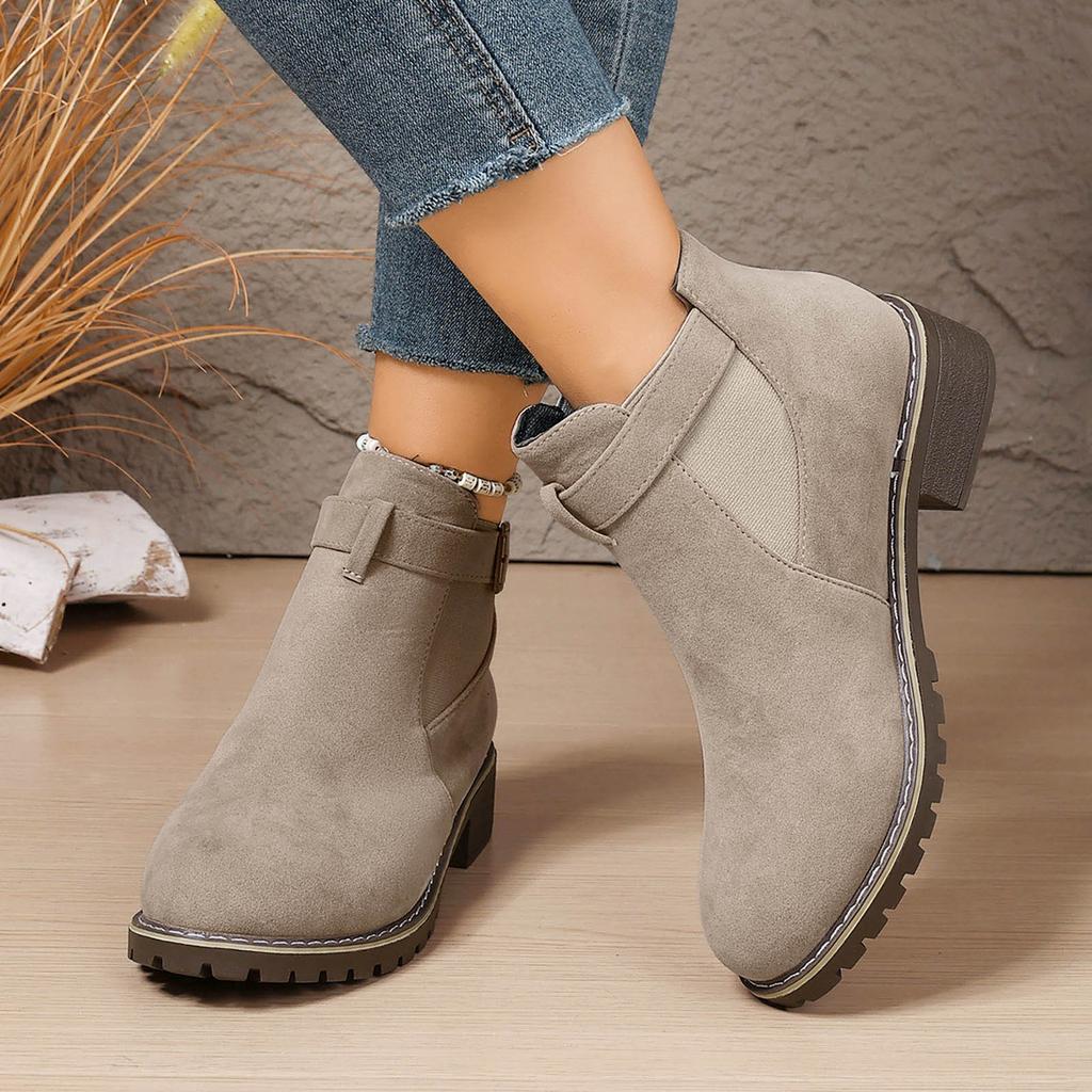 Veelzijdige Mode Dames Enkellaars met Dikke Hak, Elastische Inzet en Suède Enkellaars Regenlaarzen voor Dames Kort