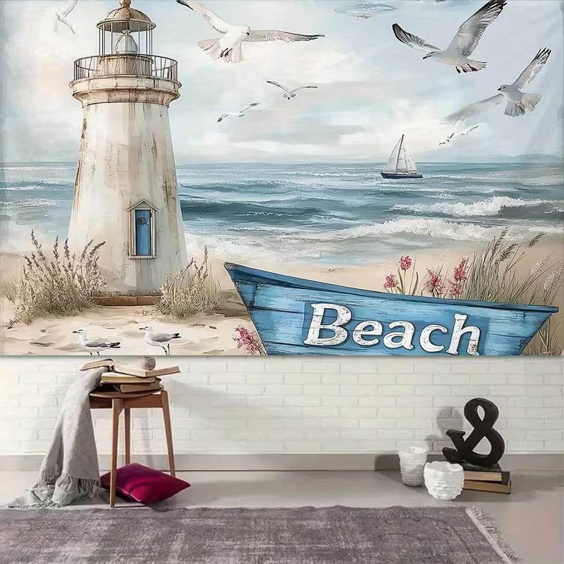 2D Flat Printing Rustic Lighthouse Beach Backdrop "Beach" Sign Nautical Background