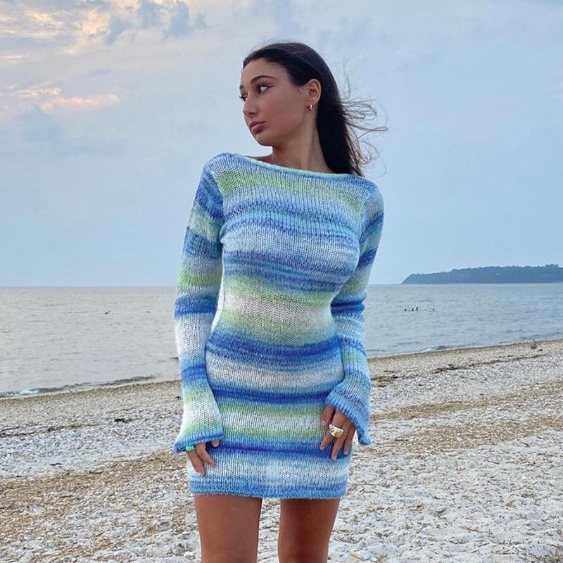 Tie Dye Mini Pletené svetrové šaty Dámské Oblečení Podzim Zima Dlouhý Rukáv Sexy Plážové Bodycon šaty bez zad Elegantní