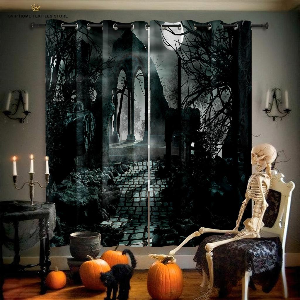 Halloween Decorative Curtains for Children's Room, Horror Cartoon Skull Print, Restaurant, Holiday Party
