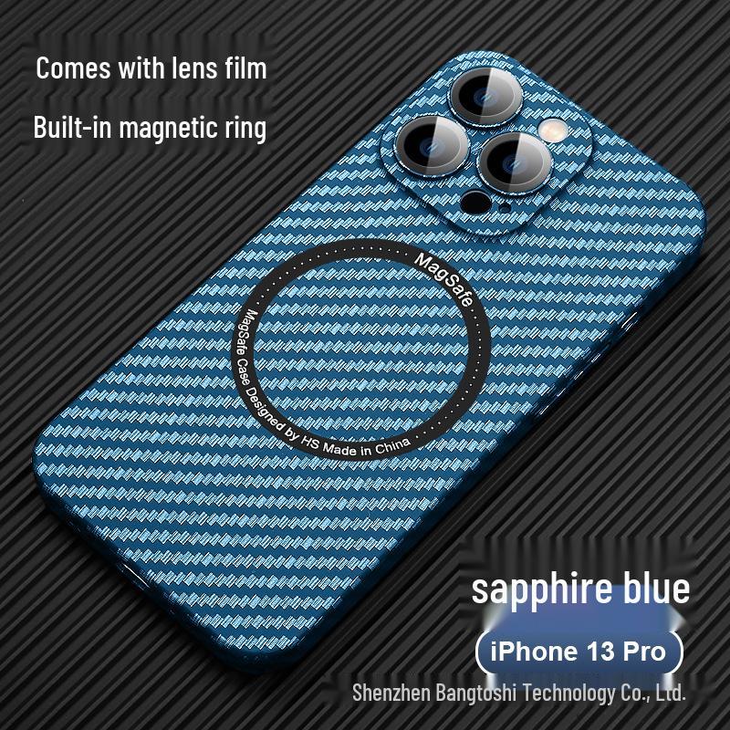Magnetische Magsafe-Hülle aus Kohlefaser für iPhone15 mit Linsenfolie, sturzsichere Vollschale.