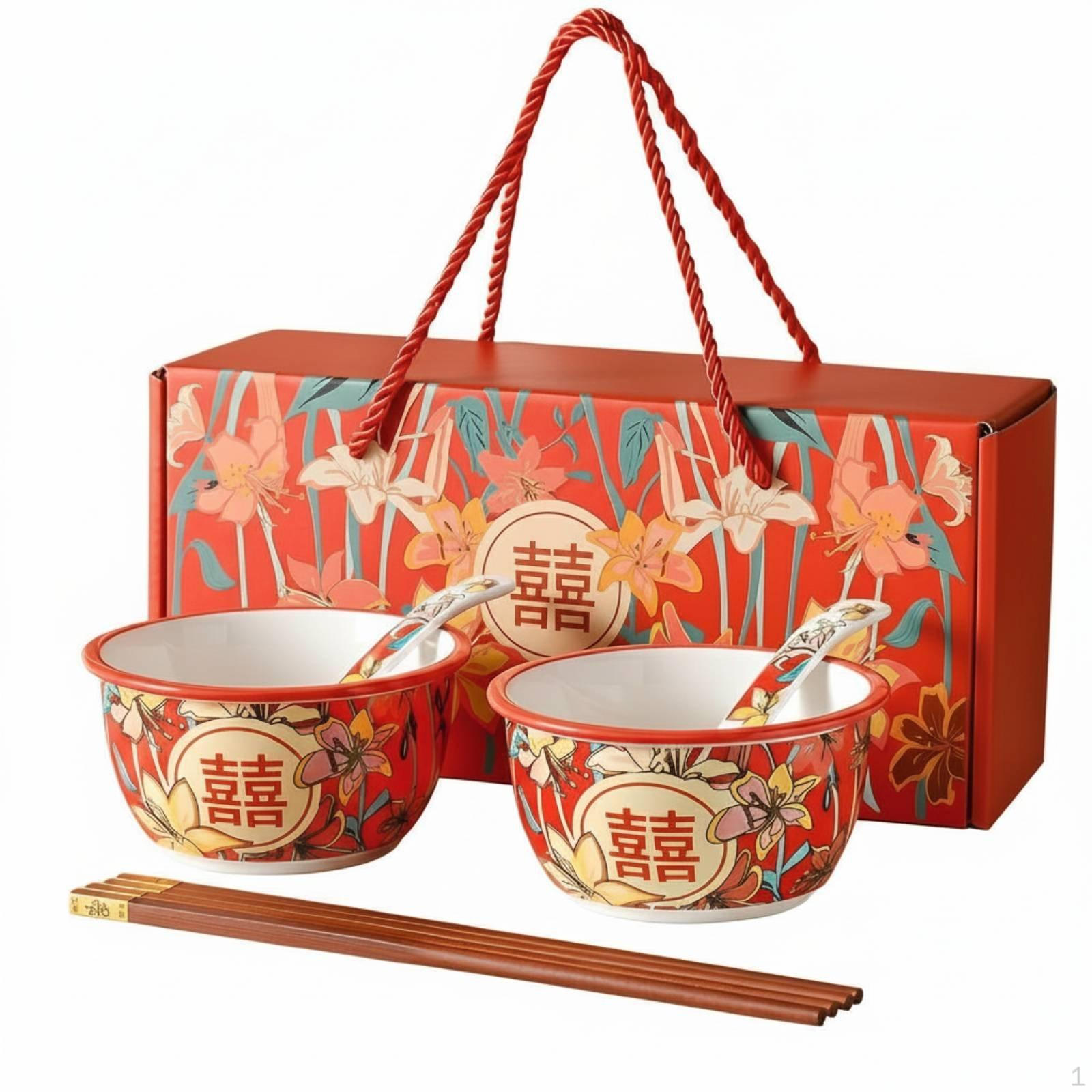 Ceramic Double Happiness Wedding Bowl Set, Creative Newlywed Gift with Chopsticks & Spoon