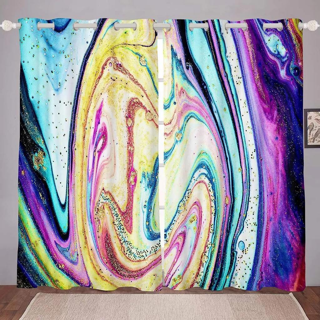 2pcs Black Golden Fluid Marble Print Polyester Curtain Window Treatment For Bedroom Office Kitchen Living Room Study Home Decor