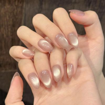 Glitter Press On Nails Short Almond Gel Glue On Cat Eye Nail Neutral Short Stiletto Fake Nails Acrylic Oval False Nails Manicure Kits for Women