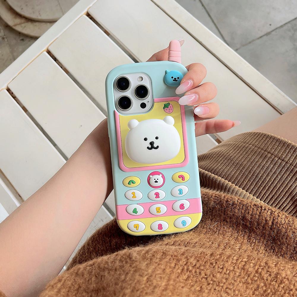 Kawaii 3D Cartoon Nagano Bear Telescopic Bracket Case For iPhone 17 16 15 14 13 12 Pro Max Soft Silicone Stand Holder Cover