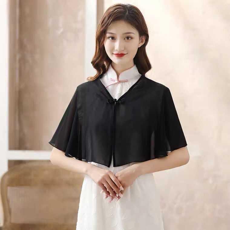 Women's Summer Chiffon Cheongsam Cardigan with Matching Skirt and Shawl – Loose, Plus Size Sunscreen Cape